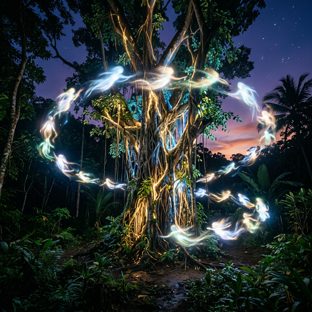 Large tree in forest surrounded by glowing, ghostly figures in a circle at twilight