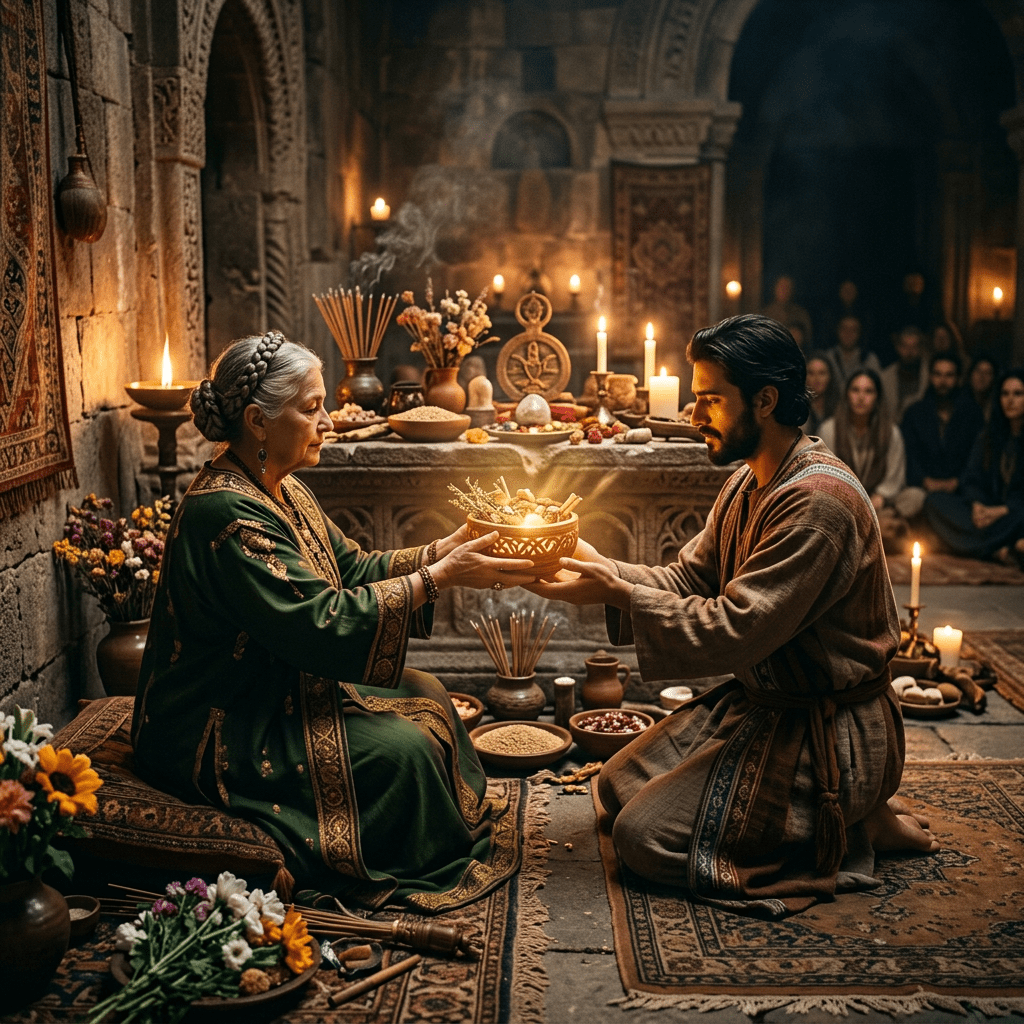 Man and elderly woman exchanging a glowing bowl during a ritual ceremony inside a candlelit stone chamber
