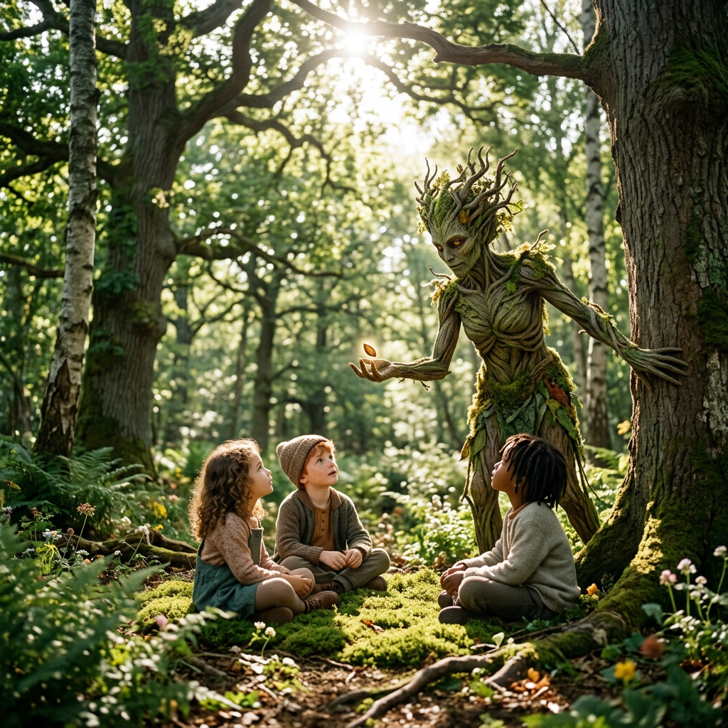 A humanoid tree creature giving a glowing leaf to three children sitting on moss in a forest