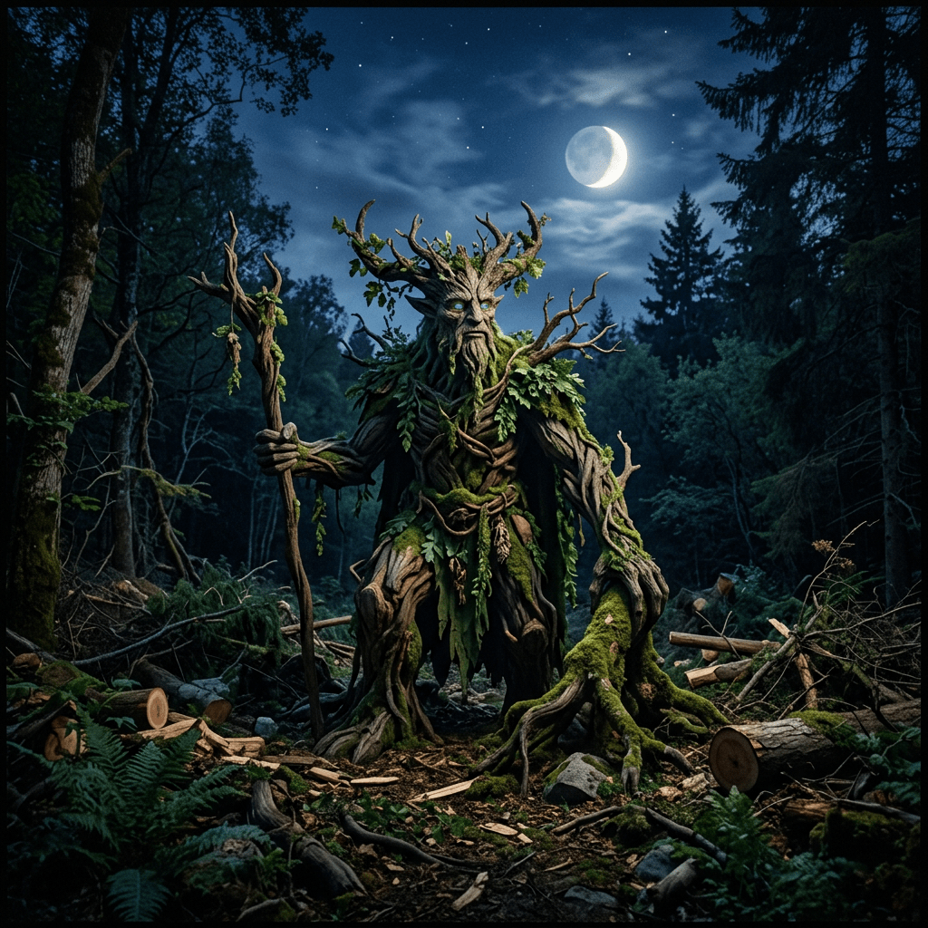 Tree-like creature with glowing eyes holding a wooden staff in a dense forest at night