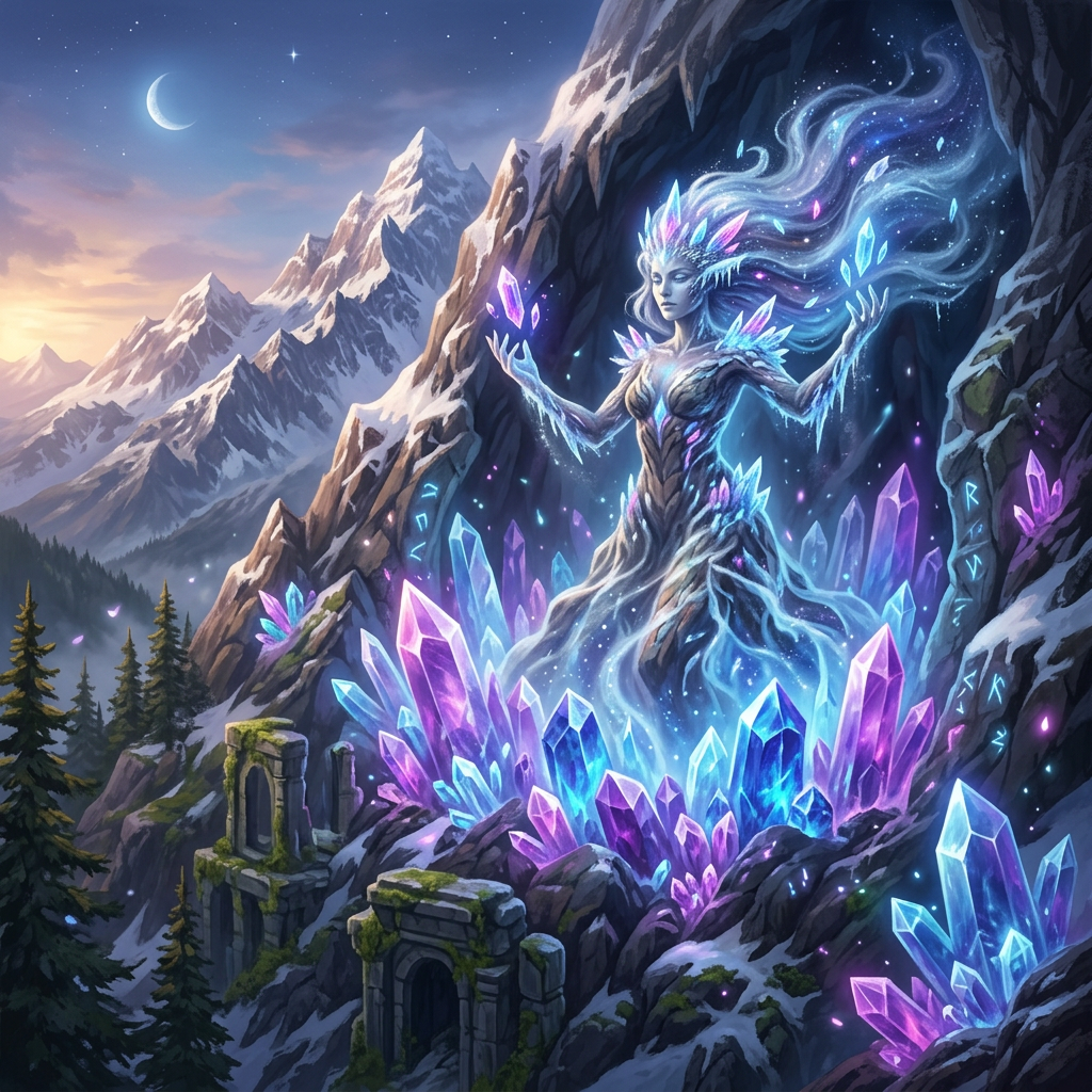Ethereal crystal goddess figure formed from glowing crystals in a mountain cave